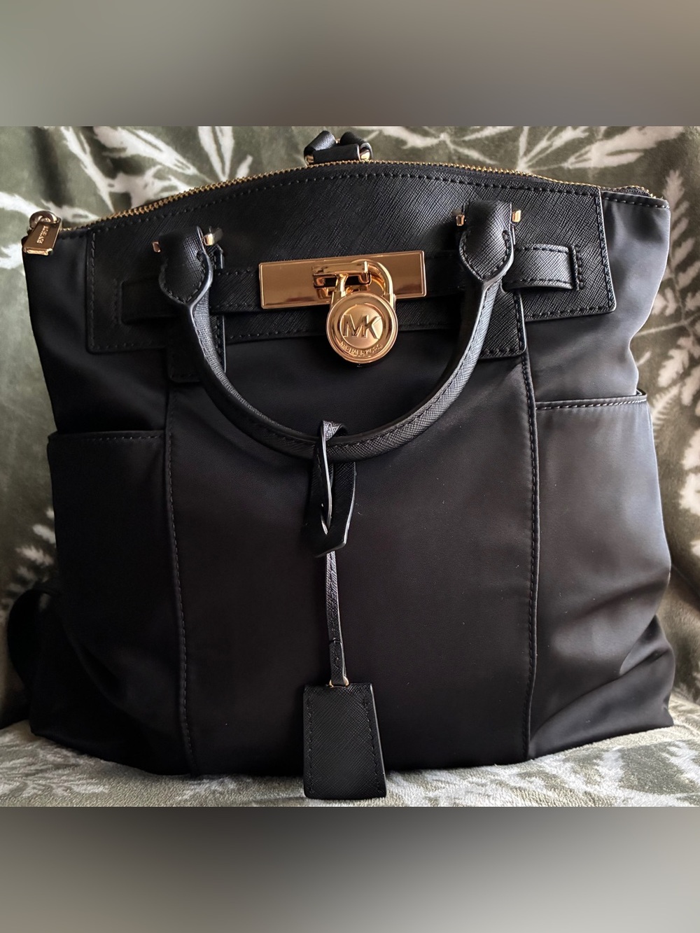 Michael Kors Black Nylon Backpack with Gold MK Charm